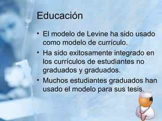 Educación El modelo de Levine ha sido usado como modelo de currículo.  Ha sido exitosamente integrado en los currículos de estudiantes no graduados y graduados. Muchos estudiantes graduados han usado el modelo para sus tesis.  