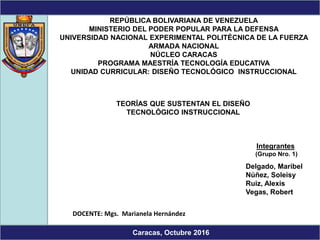 REPÚBLICA BOLIVARIANA DE VENEZUELA
MINISTERIO DEL PODER POPULAR PARA LA DEFENSA
UNIVERSIDAD NACIONAL EXPERIMENTAL POLITÉCNICA DE LA FUERZA
ARMADA NACIONAL
NÚCLEO CARACAS
PROGRAMA MAESTRÍA TECNOLOGÍA EDUCATIVA
UNIDAD CURRICULAR: DISEÑO TECNOLÓGICO INSTRUCCIONAL
TEORÍAS QUE SUSTENTAN EL DISEÑO
TECNOLÓGICO INSTRUCCIONAL
Integrantes
(Grupo Nro. 1)
Delgado, Maribel
Núñez, Soleisy
Ruiz, Alexis
Vegas, Robert
DOCENTE: Mgs. Marianela Hernández
Caracas, Octubre 2016
 