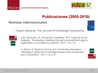 Centro de Investigaciones y Desarrollo de la Imagennatural & artificial Interaction Systemsnatural & artificial Interaction Systems
Publicaciones (2005-2010)
Revistas Internacionales
• Expert Systems: The Journal of Knowledge Engineering
– J.M. Gascueña, A. Fernández-Caballero, M.T. López & Ana E.
Delgado, “Knowledge modeling through computational agents:
Application to surveillance systems”, 2011, L2 y L4
– A. Rivas, R. Martínez-Tomás & A. Fernández-Caballero,
“Multiagent system for knowledge-based event recognition
and composition”, 2011, L3 y L5
Foro ATICA – Madrid, 10 y 11 de Noviembre de 2010 10
 