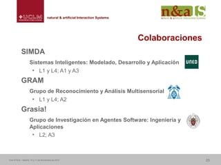 Centro de Investigaciones y Desarrollo de la Imagennatural & artificial Interaction Systemsnatural & artificial Interaction Systems
Colaboraciones
SIMDA
Sistemas Inteligentes: Modelado, Desarrollo y Aplicación
• L1 y L4; A1 y A3
GRAM
Grupo de Reconocimiento y Análisis Multisensorial
• L1 y L4; A2
Grasia!
Grupo de Investigación en Agentes Software: Ingeniería y
Aplicaciones
• L2; A3
Foro ATICA – Madrid, 10 y 11 de Noviembre de 2010 23
 