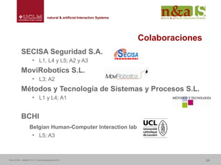 Centro de Investigaciones y Desarrollo de la Imagennatural & artificial Interaction Systemsnatural & artificial Interaction Systems
Colaboraciones
SECISA Seguridad S.A.
• L1, L4 y L5; A2 y A3
MoviRobotics S.L.
• L3; A2
Métodos y Tecnología de Sistemas y Procesos S.L.
• L1 y L4; A1
BCHI
Belgian Human-Computer Interaction lab
• L5; A3
Foro ATICA – Madrid, 10 y 11 de Noviembre de 2010 24
 