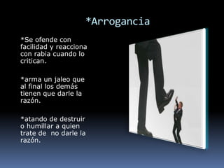 *Arrogancia
*Se ofende con
facilidad y reacciona
con rabia cuando lo
critican.

*arma un jaleo que
al final los demás
tienen que darle la
razón.

*atando de destruir
o humillar a quien
trate de no darle la
razón.
 