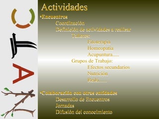 Encuentros Coordinación Definición de actividades a realizar Talleres: Fitoterapia Homeopatía Acupuntura..... Grupos de Trabajo: Efectos secundarios Nutrición Reiki...... Colaboración con otras entidades Desarrollo de Encuentros Jornadas Difusión del conocimiento  Actividades Actividades Encuentros Coordinación Definición de actividades a realizar Talleres: Fitoterapia Homeopatía Acupuntura..... Grupos de Trabajo: Efectos secundarios Nutrición Reiki...... Colaboración con otras entidades Desarrollo de Encuentros Jornadas Difusión del conocimiento  