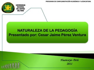 PROGRAMA DE COMPLEMENTACIÓN ACADÉMICA Y LICENCIATURA

NATURALEZA DE LA PEDAGOGÍA
Presentado por: Cesar Jaime Pérez Ventura

Huancayo- Perú
2011

 