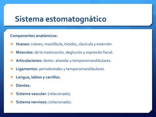 Sistema estomatognático 
Componentes anatómicos: 
 Huesos: cráneo, mandíbula, hioides, clavícula y esternón. 
 Músculos: de la masticación, deglución y expresión facial. 
 Articulaciones: dento- alveolar y temporomandibulares. 
 Ligamentos: periodontales y temporomandibulares. 
 Lengua, labios y carrillos. 
 Dientes. 
 Sistema vascular: (relacionado). 
 Sistema nervioso: (relacionado). 
 