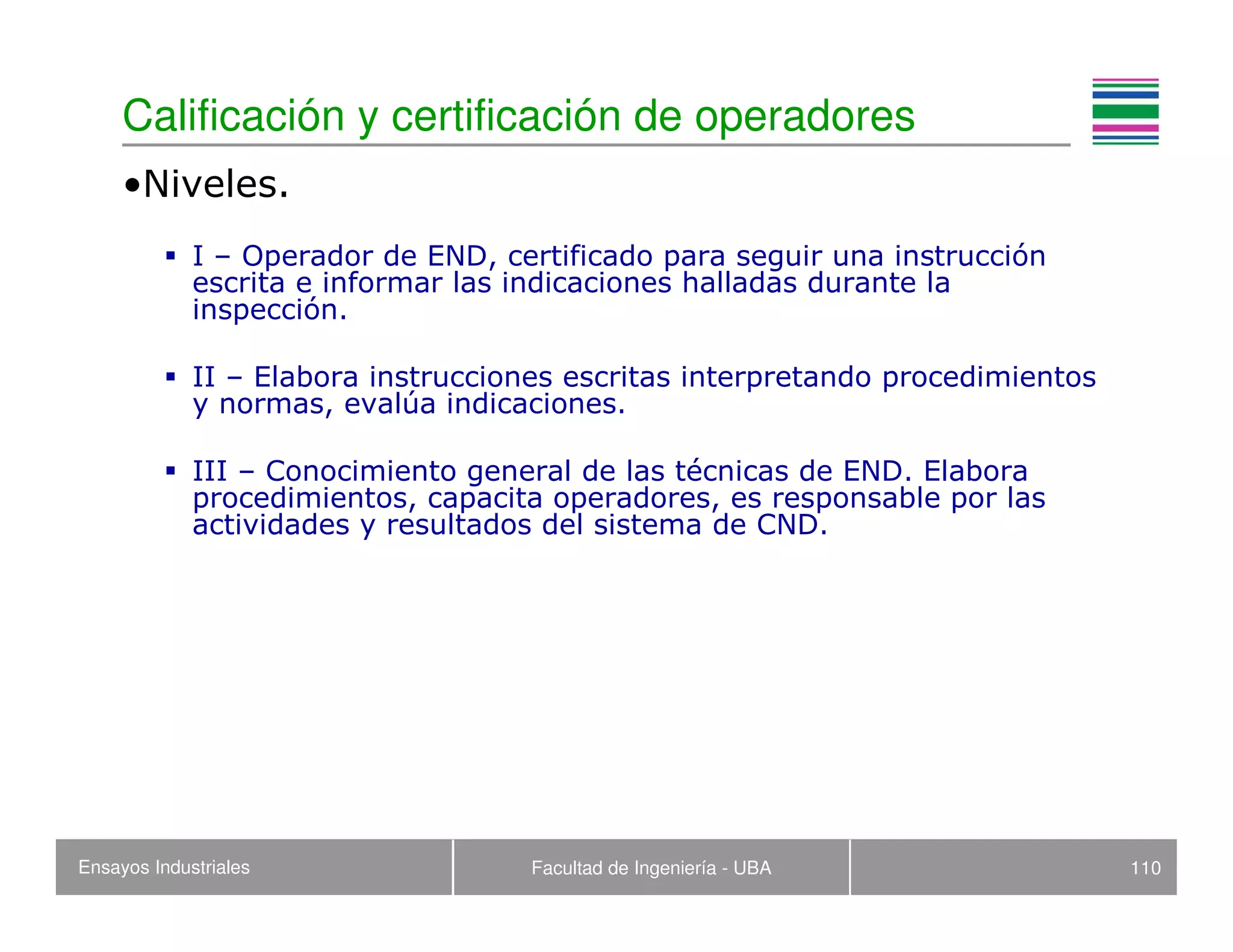 Ensayos Industriales Facultad de Ingeniería - UBA 110
Calificación y certificación de operadores
•Niveles.
I – Operador de END, certificado para seguir una instrucción
escrita e informar las indicaciones halladas durante la
inspección.
II – Elabora instrucciones escritas interpretando procedimientos
y normas, evalúa indicaciones.
III – Conocimiento general de las técnicas de END. Elabora
procedimientos, capacita operadores, es responsable por las
actividades y resultados del sistema de CND.
 