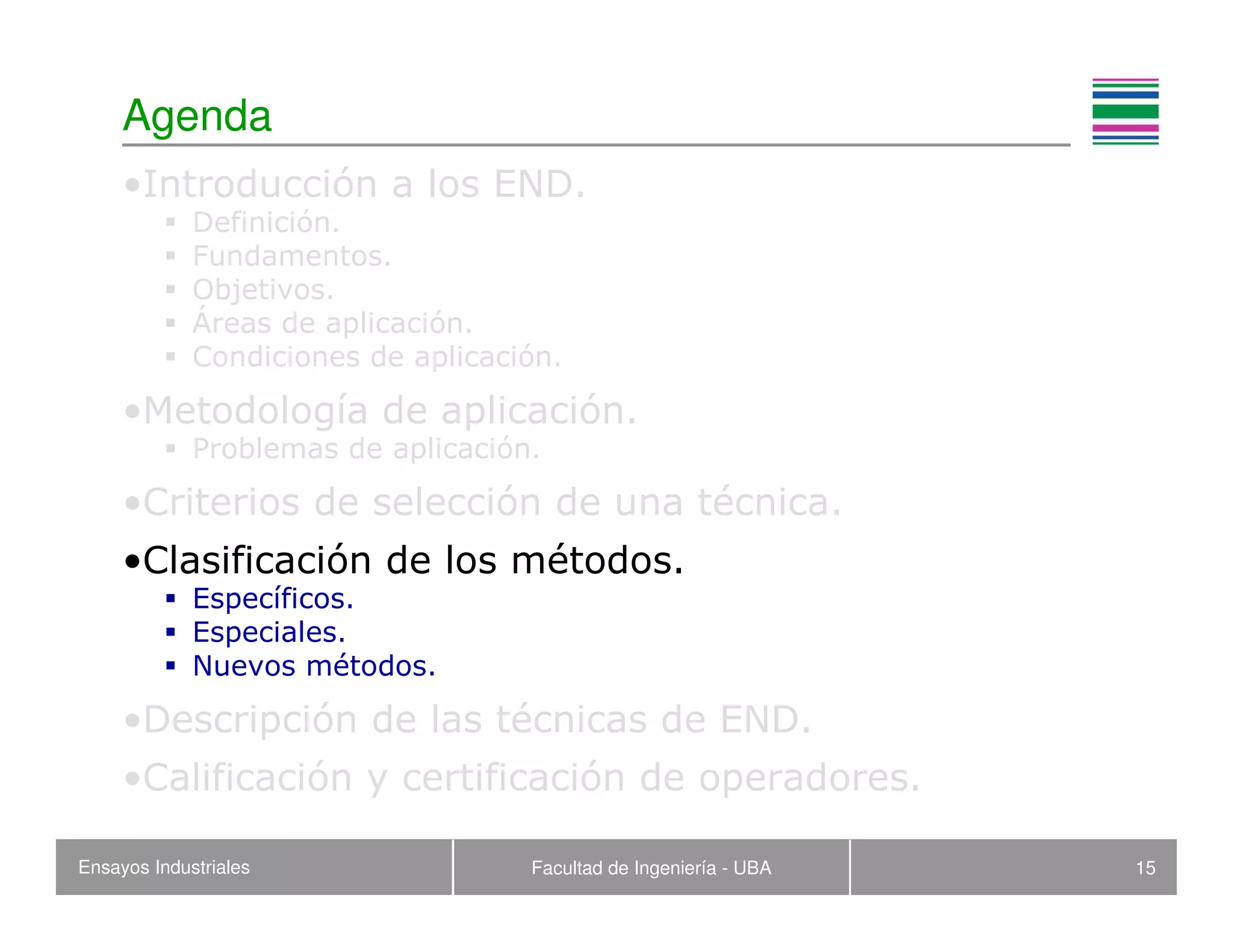 Ensayos Industriales Facultad de Ingeniería - UBA 15
Agenda
•Introducción a los END.
Definición.
Fundamentos.
Objetivos.
Áreas de aplicación.
Condiciones de aplicación.
•Metodología de aplicación.
Problemas de aplicación.
•Criterios de selección de una técnica.
•Clasificación de los métodos.
Específicos.
Especiales.
Nuevos métodos.
•Descripción de las técnicas de END.
•Calificación y certificación de operadores.
 