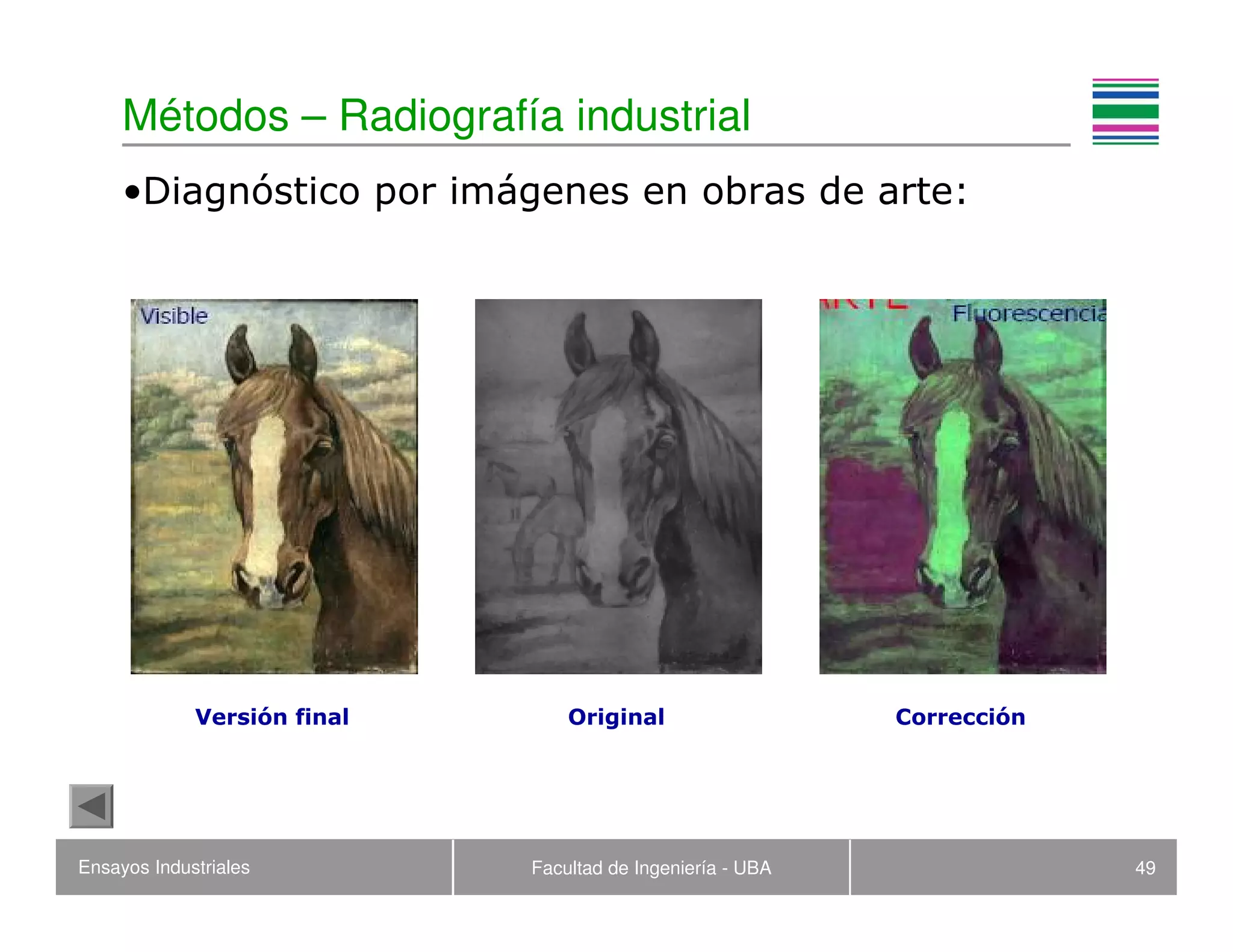 Ensayos Industriales Facultad de Ingeniería - UBA 49
Métodos – Radiografía industrial
•Diagnóstico por imágenes en obras de arte:
Versión final Original Corrección
 