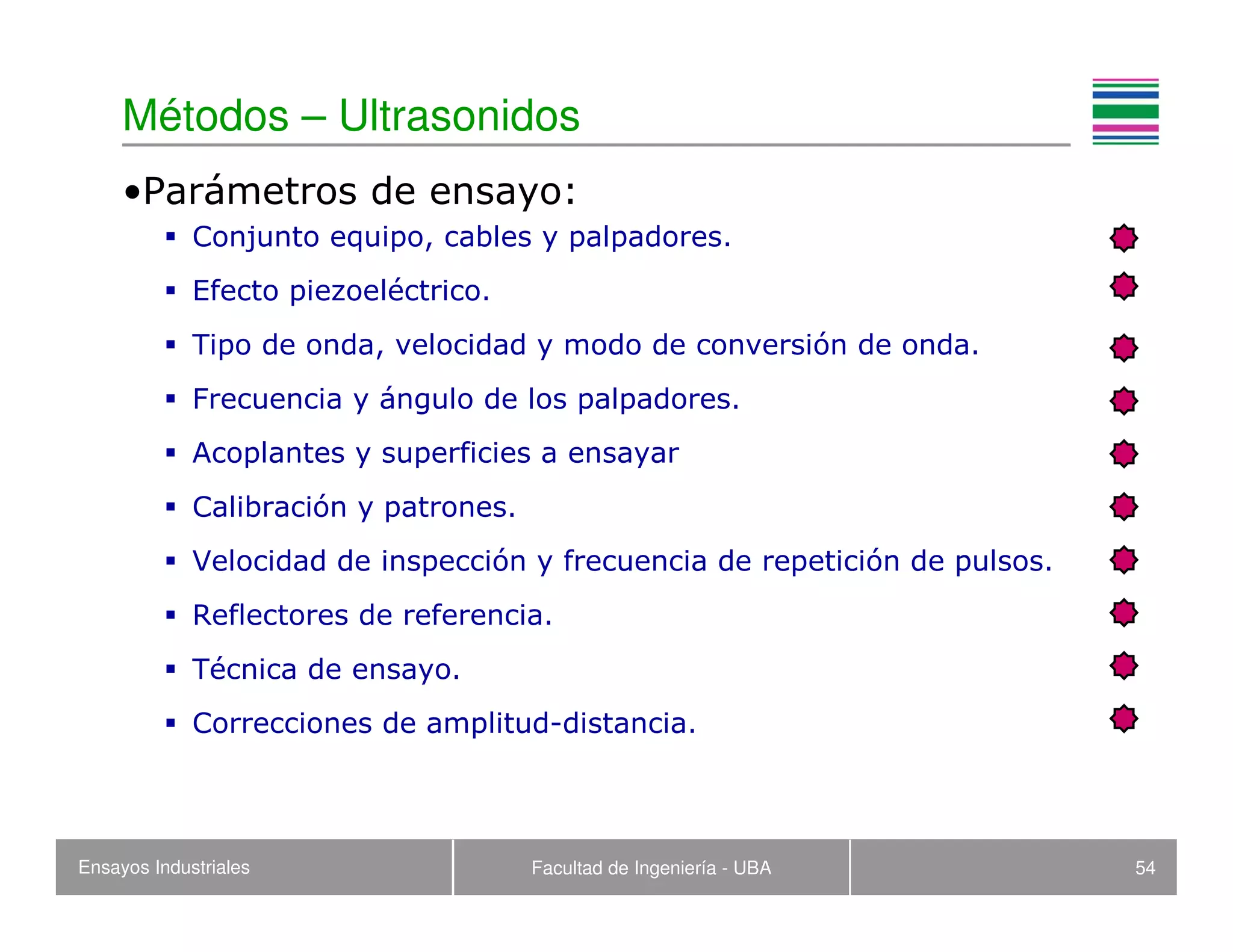 Ensayos Industriales Facultad de Ingeniería - UBA 54
Métodos – Ultrasonidos
•Parámetros de ensayo:
Conjunto equipo, cables y palpadores.
Efecto piezoeléctrico.
Tipo de onda, velocidad y modo de conversión de onda.
Frecuencia y ángulo de los palpadores.
Acoplantes y superficies a ensayar
Calibración y patrones.
Velocidad de inspección y frecuencia de repetición de pulsos.
Reflectores de referencia.
Técnica de ensayo.
Correcciones de amplitud-distancia.
 