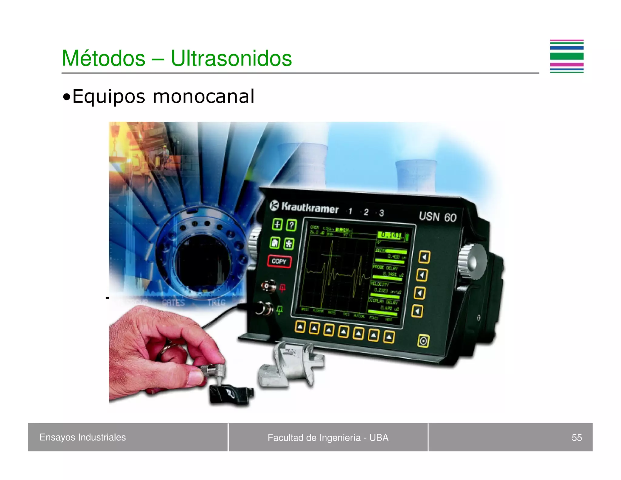 Ensayos Industriales Facultad de Ingeniería - UBA 55
Métodos – Ultrasonidos
•Equipos monocanal
 