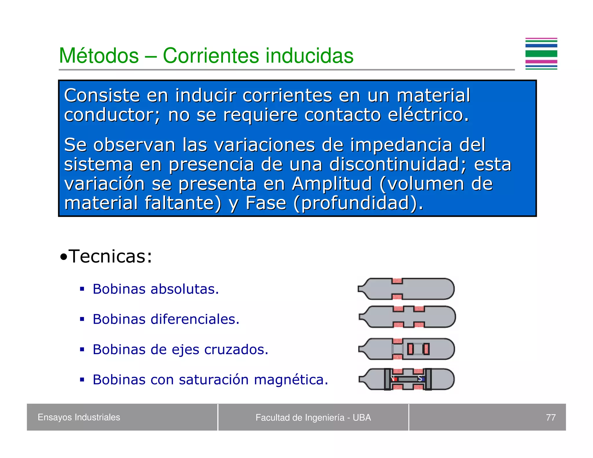 Ensayos Industriales Facultad de Ingeniería - UBA 77
Métodos – Corrientes inducidas
•Tecnicas:
Bobinas absolutas.
Bobinas diferenciales.
Bobinas de ejes cruzados.
Bobinas con saturación magnética.
Consiste en inducir corrientes en un materialConsiste en inducir corrientes en un material
conductor; no se requiere contacto elconductor; no se requiere contacto elééctrico.ctrico.
Se observan las variaciones de impedancia delSe observan las variaciones de impedancia del
sistema en presencia de una discontinuidad; estasistema en presencia de una discontinuidad; esta
variacivariacióón se presenta en Amplitud (volumen den se presenta en Amplitud (volumen de
material faltante) y Fase (profundidad).material faltante) y Fase (profundidad).
 