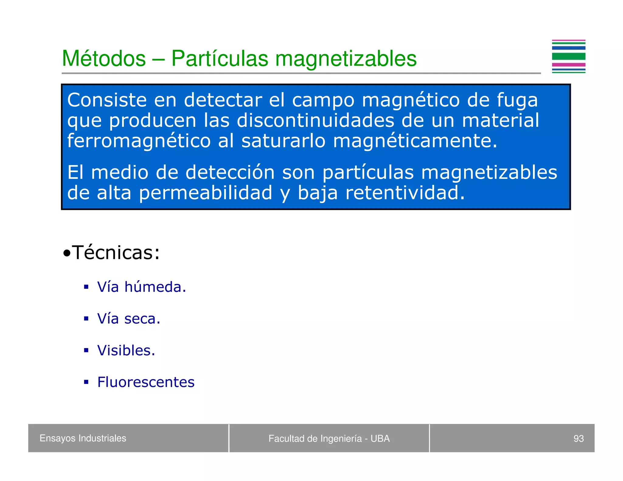 Ensayos Industriales Facultad de Ingeniería - UBA 93
Métodos – Partículas magnetizables
•Técnicas:
Vía húmeda.
Vía seca.
Visibles.
Fluorescentes
Consiste en detectar el campo magnético de fuga
que producen las discontinuidades de un material
ferromagnético al saturarlo magnéticamente.
El medio de detección son partículas magnetizables
de alta permeabilidad y baja retentividad.
 