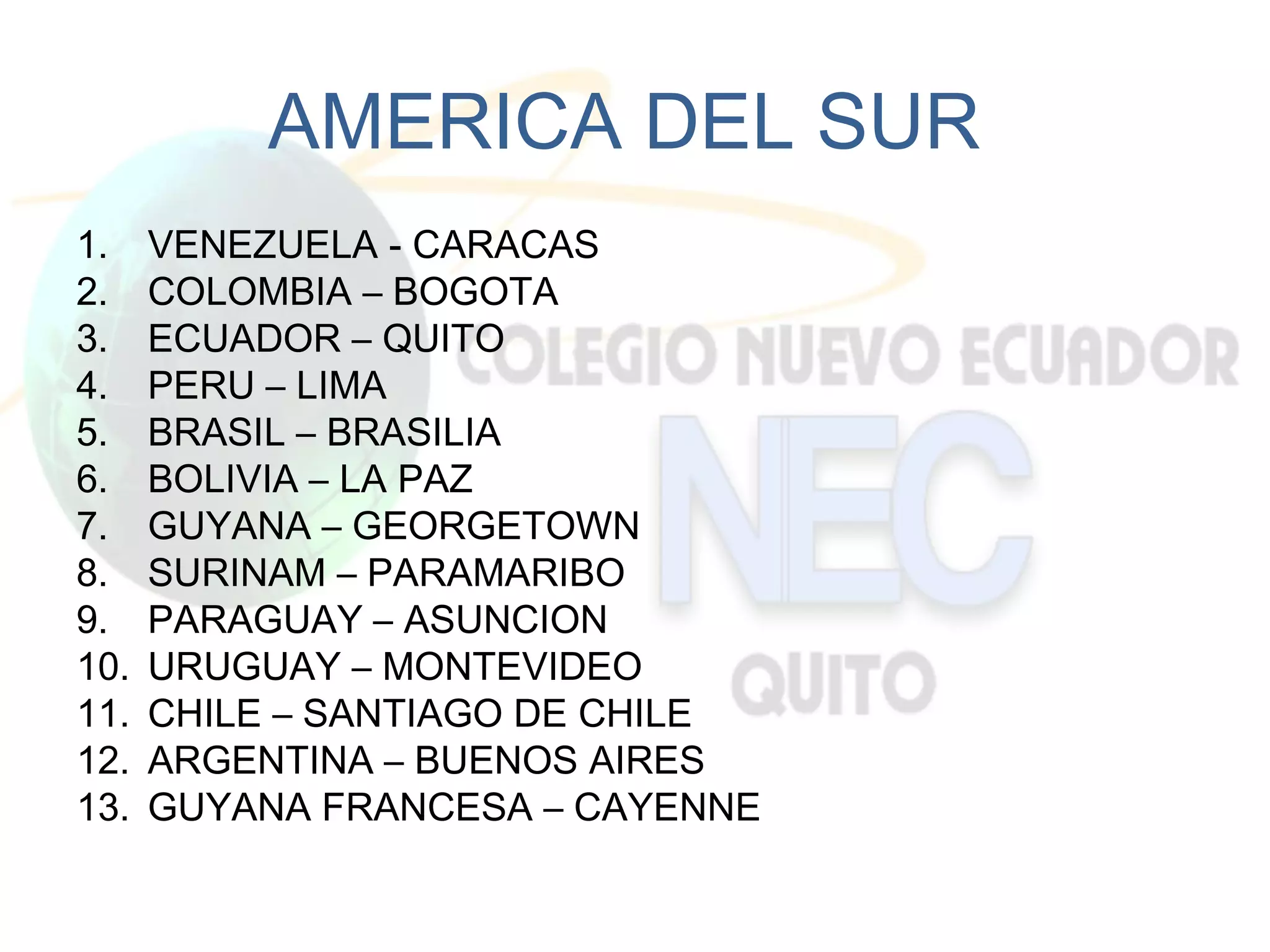 AMERICA DEL SUR
1.    VENEZUELA - CARACAS
2.    COLOMBIA – BOGOTA
3.    ECUADOR – QUITO
4.    PERU – LIMA
5.    BRASIL – BRASILIA
6.    BOLIVIA – LA PAZ
7.    GUYANA – GEORGETOWN
8.    SURINAM – PARAMARIBO
9.    PARAGUAY – ASUNCION
10.   URUGUAY – MONTEVIDEO
11.   CHILE – SANTIAGO DE CHILE
12.   ARGENTINA – BUENOS AIRES
13.   GUYANA FRANCESA – CAYENNE
 