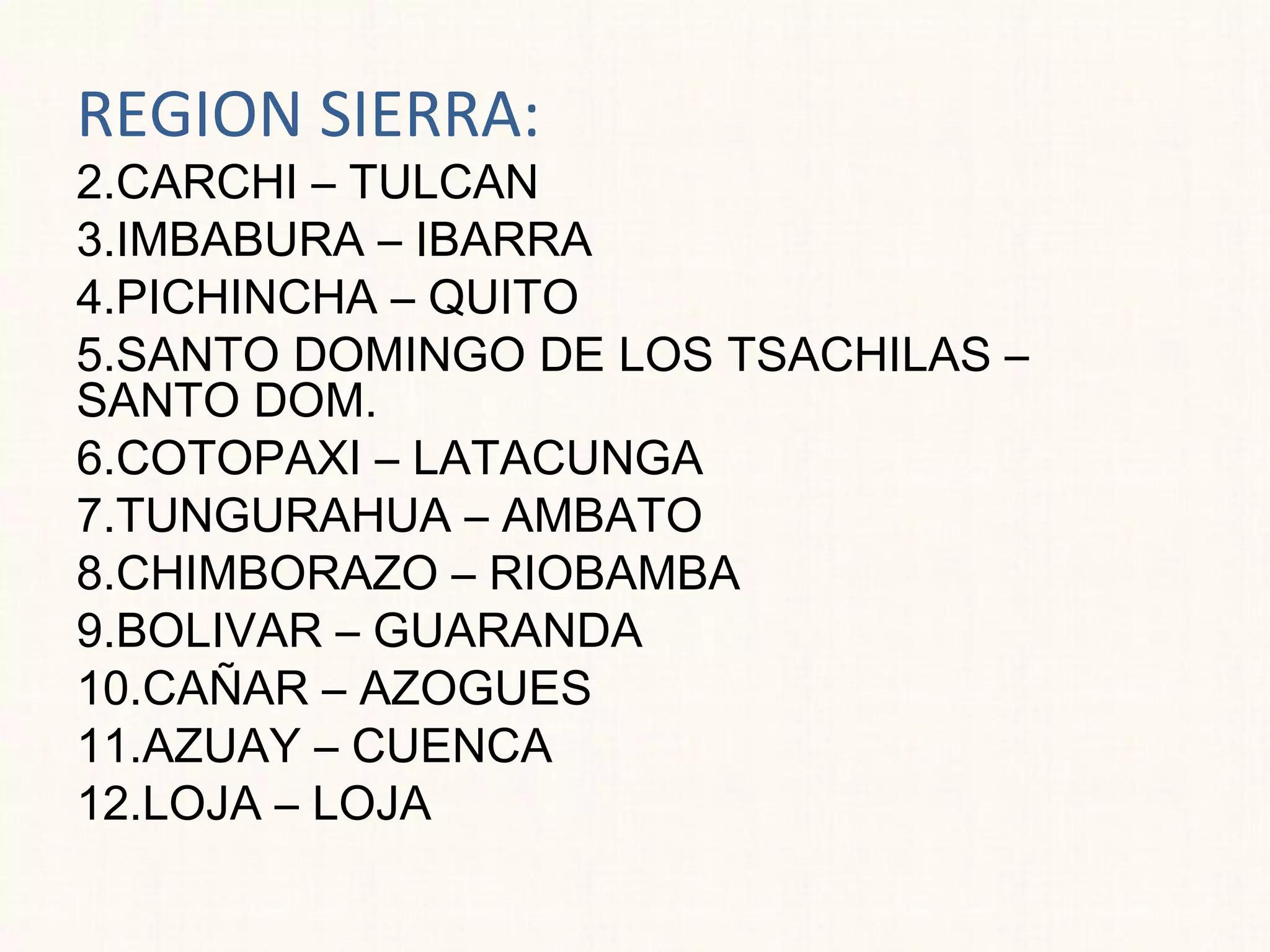 REGION SIERRA:
2.CARCHI – TULCAN
3.IMBABURA – IBARRA
4.PICHINCHA – QUITO
5.SANTO DOMINGO DE LOS TSACHILAS –
SANTO DOM.
6.COTOPAXI – LATACUNGA
7.TUNGURAHUA – AMBATO
8.CHIMBORAZO – RIOBAMBA
9.BOLIVAR – GUARANDA
10.CAÑAR – AZOGUES
11.AZUAY – CUENCA
12.LOJA – LOJA
 