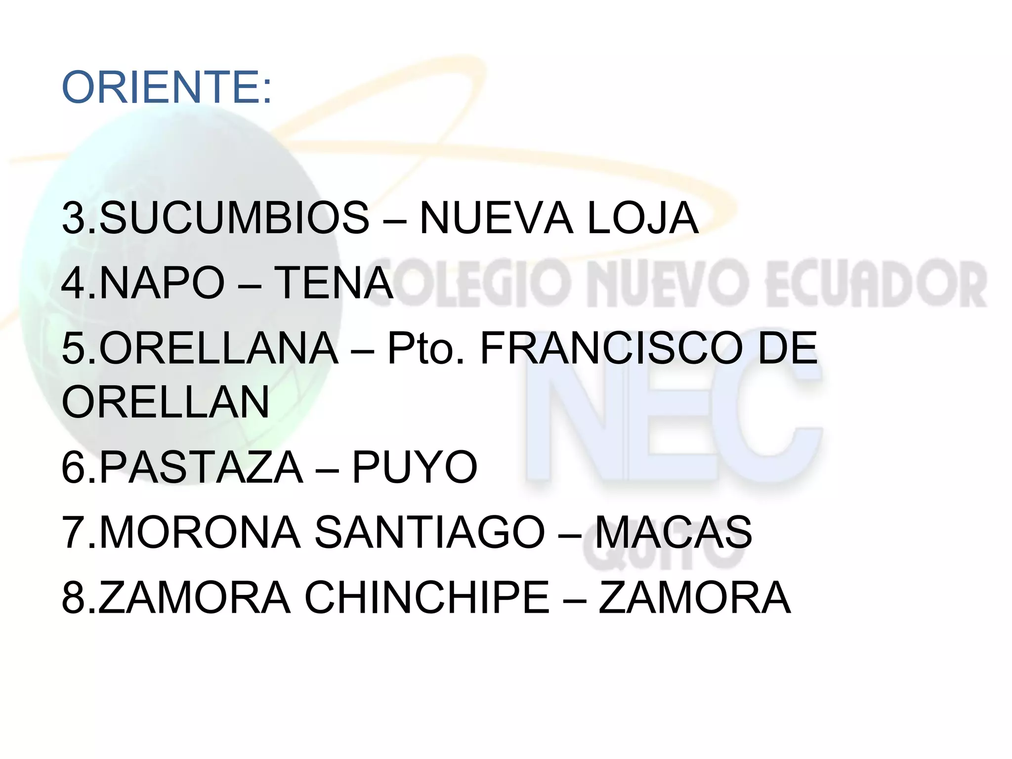 ORIENTE:

3.SUCUMBIOS – NUEVA LOJA
4.NAPO – TENA
5.ORELLANA – Pto. FRANCISCO DE
ORELLAN
6.PASTAZA – PUYO
7.MORONA SANTIAGO – MACAS
8.ZAMORA CHINCHIPE – ZAMORA
 