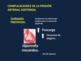COMPLICACIONES DE LA PRESIÓN ARTERIAL SOSTENIDA. Cardiopatía hipertensiva: Constituye una sobrecarga sistólica para el ventrículo izquierdo  Poscarga Consumo de oxigeno. Hipertrofia miocárdica. (ley de Laplace) 