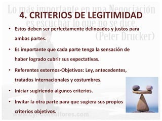 4. CRITERIOS DE LEGITIMIDAD
• Estos deben ser perfectamente delineados y justos para
ambas partes.
• Es importante que cada parte tenga la sensación de
haber logrado cubrir sus expectativas.
• Referentes externos-Objetivos: Ley, antecedentes,
tratados internacionales y costumbres.
• Iniciar sugiriendo algunos criterios.
• Invitar la otra parte para que sugiera sus propios
criterios objetivos.
 