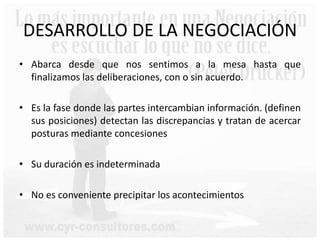 DESARROLLO DE LA NEGOCIACIÓN
• Abarca desde que nos sentimos a la mesa hasta que
finalizamos las deliberaciones, con o sin acuerdo.
• Es la fase donde las partes intercambian información. (definen
sus posiciones) detectan las discrepancias y tratan de acercar
posturas mediante concesiones
• Su duración es indeterminada
• No es conveniente precipitar los acontecimientos
 