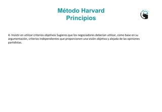 Método Harvard
Principios
4- Insistir en utilizar criterios objetivos Sugieres que los negociadores deberían utilizar, com...