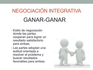 NEGOCIACIÓN INTEGRATIVA
GANAR-GANAR
•  Estilo de negociación
donde las partes
cooperan para lograr un
resultado satisfactorio
para ambas.
•  Las partes adoptan una
actitud orientada a
resolver el problema y
buscar resultados
favorables para ambas.
 
