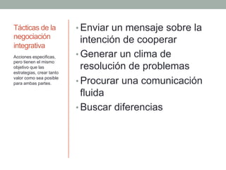 Tácticas de la
negociación
integrativa
• Enviar un mensaje sobre la
intención de cooperar
• Generar un clima de
resolución de problemas
• Procurar una comunicación
fluida
• Buscar diferencias
Acciones especificas,
pero tienen el mismo
objetivo que las
estrategias, crear tanto
valor como sea posible
para ambas partes.
 