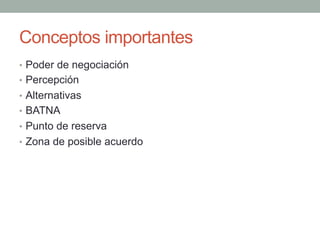 Conceptos importantes
•  Poder de negociación
•  Percepción
•  Alternativas
•  BATNA
•  Punto de reserva
•  Zona de posible acuerdo
 
