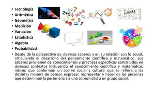 • Tecnología
• Aritmética
• Geometría
• Medición
• Variación
• Estadística
• Algebra
• Probabilidad
• Desde de la perspectiva de diversos saberes y en su relación con lo social,
articulando el desarrollo del pensamiento científico y matemático. Los
saberes provienen de conocimientos y practicas especificas construidos en
diversos contextos incluyendo el conocimiento científico y matemático,
mismo que conforman un acervo social y cultural que se refiere a las
distintas manera de pensar, expresar, representar y hacer de las personas
que determinan la pertenencia a una comunidad o un grupo social.
 