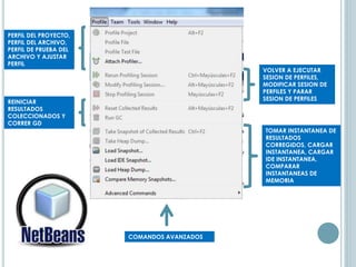 COMANDOS AVANZADOS
PERFIL DEL PROYECTO,
PERFIL DEL ARCHIVO,
PERFIL DE PRUEBA DEL
ARCHIVO Y AJUSTAR
PERFIL
VOLVER A EJECUTAR
SESION DE PERFILES,
MODIFICAR SESION DE
PERFILES Y PARAR
SESION DE PERFILES
REINICIAR
RESULTADOS
COLECCIONADOS Y
CORRER GD
TOMAR INSTANTANEA DE
RESULTADOS
CORREGIDOS, CARGAR
INSTANTANEA, CARGAR
IDE INSTANTANEA,
COMPARAR
INSTANTANEAS DE
MEMORIA
 