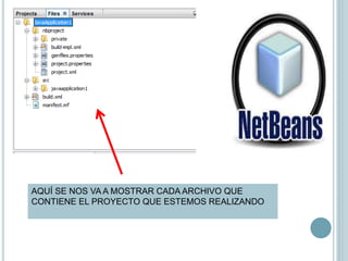 AQUÍ SE NOS VA A MOSTRAR CADA ARCHIVO QUE
CONTIENE EL PROYECTO QUE ESTEMOS REALIZANDO
 