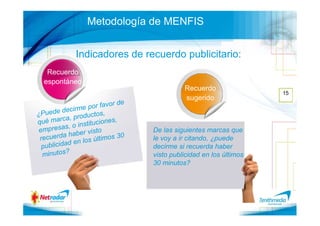 Metodología de MENFIS


        Indicadores de recuerdo publicitario:
 Recuerdo
espontáneo
                                   Recuerdo
                                                           15
                                   sugerido



                         De las siguientes marcas que
                         le voy a ir citando, ¿puede
                         decirme si recuerda haber
                         visto publicidad en los últimos
                         30 minutos?
 