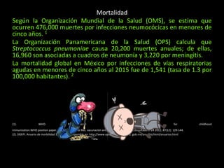 Mortalidad
Según la Organización Mundial de la Salud (OMS), se estima que
ocurren 476,000 muertes por infecciones neumocócicas en menores de
cinco años. 1
La Organización Panamericana de la Salud (OPS) calcula que
Streptococcus pneumoniae causa 20,200 muertes anuales; de ellas,
16,960 son asociadas a cuadros de neumonía y 3,220 por meningitis.
La mortalidad global en México por infecciones de vías respiratorias
agudas en menores de cinco años al 2015 fue de 1,541 (tasa de 1.3 por
100,000 habitantes). 2
(1). WHO. Pneumococcal conjugate vaccine for childhood
immunization.WHO position paper. Weekly Epidemiol Rec. vacunación antineumocócica 2017. [Consultado el 24 2012; 87(12): 129-144.
(2). DGEPI. Anuario de morbilidad 1984-2017. Disponible en: http://www.epidemiologia.salud. gob.mx/anuario/html/anuarios.html
 
