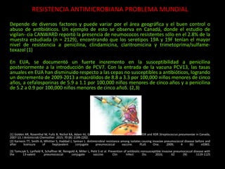 RESISTENCIA ANTIMICROBIANA PROBLEMA MUNDIAL
Depende de diversos factores y puede variar por el área geográfica y el buen control o
abuso de antibióticos. Un ejemplo de esto se observa en Canadá, donde el estudio de
vigilan- cia CANWARD reportó la presencia de neumococos resistentes sólo en el 2.8% de la
muestra estudiada (n = 2129), encontrando que los serotipos 19A y 19F tenían el mayor
nivel de resistencia a penicilina, clindamicina, claritromicina y trimetoprima/sulfame-
toxazol (1)
En EUA, se documentó un fuerte incremento en la susceptibilidad a penicilina
posteriormente a la introducción de PCV7. Con la entrada de la vacuna PCV13, las tasas
anuales en EUA han disminuido respecto a las cepas no susceptibles a antibióticos, logrando
un decremento de 2009-2013 a macrólidos de 8.8 a 3.3 por 100,000 niños menores de cinco
años, a cefalosporinas de 5.9 a 1.1 por 100,000 niños menores de cinco años y a penicilina
de 5.2 a 0.9 por 100,000 niños menores de cinco añoS. (2,3)
(1) Golden AR, Rosenthal M, Fultz B, Nichol KA, Adam HJ, Gilmour MW et al. Characterization of MDR and XDR Streptococcus pneumoniae in Canada,
2007-13. J Antimicrob Chemother. 2015; 70 (8): 2199-2202.
(2) Karnezis TT, Smith A, Whittier S, Haddad J, Saiman L. Antimicrobial resistance among isolates causing invasive pneumococcal disease before and
after licensure of heptavalent conjugate pneumococcal vaccine. PLoS One. 2009; 4 (6): e5965.
(3) Tomczyk S, Lynfield R, Schaffner W, Reingold A, Miller L, Petit S et al. Prevention of antibiotic-nonsusceptible invasive pneumococcal disease with
the 13-valent pneumococcal conjugate vaccine. Clin Infect Dis. 2016; 62 (9): 1119-1125
 