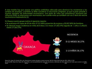 A esta medida hay que asociar una política antibiótica adecuada para disminuir las resistencias y los
cambios de serotipos, y también se debe considerar la vacunación antigripal, ya que la gripe precede a
muchos episodios de enfermedad neumocócica. Una parte de niños que presentaron neumonía por
influenza H1N1 se colonizaron con neumococo, aun cuando estos ya contaban con sus 2 dosis de vacuna
neumocócica heptavalente (1)
En Oaxaca nuestro grupo realizo el siguiente reporte:
• Se analizaron 47 cepas de SP de ellas 27 (57.44%) provenían de mujeres y 20 (42.56%) de hombres.
• Se observó mayor incidencia en niños de 0 días a 11 meses 17 (36.17%) seguido de 1 año a 1 año/11
meses 17 (36.17%)
Reyes GU, López CG, Garzón SN y cols. Neumococo nuevas actuales y nuevas vacunas. Bol Clin Hosp Infant Edo Son 2011; 28(1): 27-30
De la Osa BM, Reyes GU, Reyes HK, Perea MA y cols Susceptibilidad de cepas de neumococo, obtenidas de niños menores de 5 años que cursaron con NAC.
Salud Jalisco 2017; 4(3): 161-7
INCIDENCIA
0-11 MESES 36.27%
1-1.9 AÑOS 36.17%
 