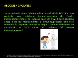 RECOMENDACIONES
Se recomienda como mínimo aplicar una dosis de PCV13 a todo
paciente con patología inmunosupresora de fondo,
independientemente de cuántas dosis de PCV13 haya recibido
antes o de los medicamentos o inmunosupresores que esté
tomando, la respuesta inmune es mejor cuando este refuerzo de
vacunación se inicia antes del comienzo del manejo
inmunosupresor 1
• (1). Ortiz IF, Luévanos VA, González SN y cols. Consenso de la Asociación Mexicana de Infectología Pediátrica (AMIP) sobre el impacto de la vacunación
en la disminución de la carga de enfermedad neumocócica en México, 2018
 
