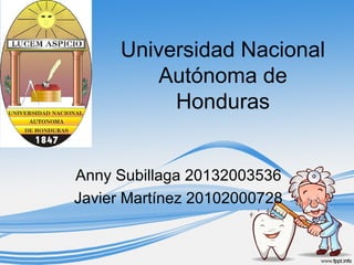 Universidad Nacional
Autónoma de
Honduras
Anny Subillaga 20132003536
Javier Martínez 20102000728
 