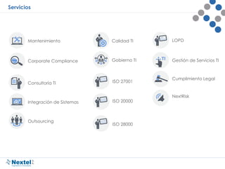 Servicios
Calidad TI
Gobierno TI
ISO 27001
ISO 20000
LOPDMantenimiento
Consultoría TI
Integración de Sistemas
Outsourcing
ISO 28000
Cumplimiento Legal
Gestión de Servicios TICorporate Compliance
NextRisk
 