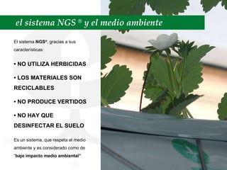 el sistema NGS  ®  y el medio ambiente El sistema  NGS ® , gracias a sus características: •  NO UTILIZA HERBICIDAS •  LOS MATERIALES SON RECICLABLES •  NO PRODUCE VERTIDOS •  NO HAY QUE DESINFECTAR EL SUELO Es un sistema, que respeta el medio ambiente y es considerado como de “ bajo impacto medio ambiental” 