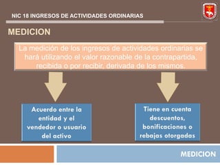 NIC 18 INGRESOS DE ACTIVIDADES ORDINARIAS


MEDICION
  La medición de los ingresos de actividades ordinarias se
   hará utilizando el valor razonable de la contrapartida,
      recibida o por recibir, derivada de los mismos.




                                                   MEDICION
 