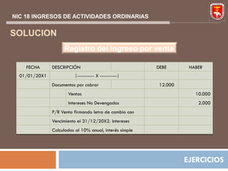 NIC 18 INGRESOS DE ACTIVIDADES ORDINARIAS


SOLUCION
                    Registro del Ingreso por venta

    FECHA      DESCRIPCIÓN                               DEBE       HABER
  01/01/20X1             |---------- X ----------|
               Documentos por cobrar                      12.000
                      Ventas                                          10.000
                      Intereses No Devengados                          2.000
               P/R Venta firmando letra de cambio con
               Vencimiento el 31/12/20X2. Intereses
               Calculados al 10% anual, interés simple




                                                                   EJERCICIOS
 