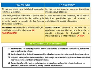 LO APOLÍNEO LO DIONISÍACO
El mundo como una totalidad ordenada,
luminosa y racional.
La vida en sus aspectos oscuros, instintivos,
irracionales, biológicos.
Dios de la juventud, la belleza, la poesía y las
artes en general, de la luz, la claridad y la
armonía, frente al mundo de las fuerzas
primarias e instintivas.
El dios del vino y las cosechas, de las fiestas
báquicas presididas por el exceso, la
embriaguez, la música y la pasión.
REPRESENTABA también la individuación, el
equilibrio, la medida y la forma, LA
RACIONALIDAD.
REPRESENTABA también el mundo de la
confusión, la deformidad, el caos, la noche, el
mundo instintivo, la disolución de la
individualidad y la irracionalidad, LA VIDA
EL NACIMIENTO DE LA TRAGEDIA
 Escandalizó a sus contemporáneos ya que cuestionaba la valoración tradicional y dominante
acerca del mundo griego:
 La Grecia del siglo de Pericles era considerada el momento de esplendor de la cultura griega.
 Sócrates y Platón fueron los Iniciadores de lo mejor de la tradición occidental: la racionalidad
reprimiendo los planteamientos dionisiacos.
 Para esta valoración toda la cultura griega era apolínea y el pueblo griego el primero en
presentar una visión luminosa, bella y racional de la realidad.
 