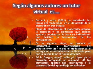 Según algunos autores un tutor
         virtual es….
        • Barberá y otros (2001) ha sintetizado las
          tareas del moderador en el desarrollo de la
          discusión en tres etapas:
        • Etapa de planificación el moderador prepara
          la discusión y los elementos que pueden
          ayudar a moderarla. Se basa en indicaciones
          que facilitan la intervención de los
          participantes.
        • En la segunda etapa, se produce el
          intercambio        y      construcción     del
          conocimiento, por lo que el moderador es el
          encargado de retroalimentar la discusión para
          que la misma tome el rumbo deseado.
        • En la tercera etapa, realiza el cierre de la
          discusión, otorgando un resumen de los
          principales aportes que contribuyen a la
          construcción del aprendizaje colaborativo.
 