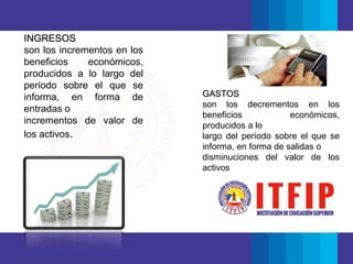 INGRESOS
son los incrementos en los
beneficios económicos,
producidos a lo largo del
periodo sobre el que se
informa, en forma de
entradas o
incrementos de valor de
los activos.
GASTOS
son los decrementos en los
beneficios económicos,
producidos a lo
largo del periodo sobre el que se
informa, en forma de salidas o
disminuciones del valor de los
activos
