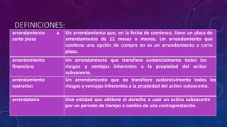 DEFINICIONES:
arrendamiento a
corto plazo
Un arrendamiento que, en la fecha de comienzo, tiene un plazo de
arrendamiento de 12 meses o menos. Un arrendamiento que
contiene una opción de compra no es un arrendamiento a corto
plazo.
arrendamiento
financiero
Un arrendamiento que transfiere sustancialmente todos los
riesgos y ventajas inherentes a la propiedad del activo
subyacente.
arrendamiento
operativo
Un arrendamiento que no transfiere sustancialmente todos los
riesgos y ventajas inherentes a la propiedad del activo subyacente.
arrendatario Una entidad que obtiene el derecho a usar un activo subyacente
por un periodo de tiempo a cambio de una contraprestación.
 