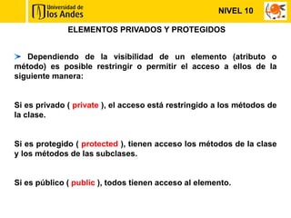 NIVEL 10

              ELEMENTOS PRIVADOS Y PROTEGIDOS


   Dependiendo de la visibilidad de un elemento (atributo o
método) es posible restringir o permitir el acceso a ellos de la
siguiente manera:


Si es privado ( private ), el acceso está restringido a los métodos de
la clase.


Si es protegido ( protected ), tienen acceso los métodos de la clase
y los métodos de las subclases.


Si es público ( public ), todos tienen acceso al elemento.
 