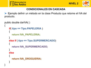 CONDICIONALES EN CASCADA
Ejemplo definir un método en la clase Producto que retorne el IVA del
producto.
public double darIVA( )
{
if( tipo == Tipo.PAPELERIA )
{
return IVA_PAPELERIA;
}
else if ( tipo == Tipo.SUPERMERCADO)
{
return IVA_SUPERMERCADO;
}
else
{
return IVA_DROGUERIA;
}
}
NIVEL 2
 