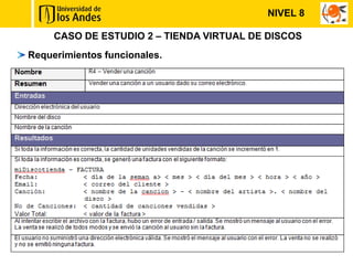 NIVEL 8

     CASO DE ESTUDIO 2 – TIENDA VIRTUAL DE DISCOS
Requerimientos funcionales.
 