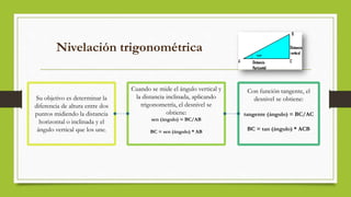 Nivelación trigonométrica
Su objetivo es determinar la
diferencia de altura entre dos
puntos midiendo la distancia
horizontal o inclinada y el
ángulo vertical que los une.
Con función tangente, el
desnivel se obtiene:
tangente (ángulo) = BC/AC
BC = tan (ángulo) * ACB
Cuando se mide el ángulo vertical y
la distancia inclinada, aplicando
trigonometría, el desnivel se
obtiene:
sen (ángulo) = BC/AB
BC = sen (ángulo) * AB
 