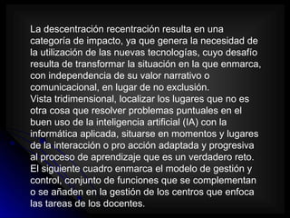 La descentración recentración resulta en una
categoría de impacto, ya que genera la necesidad de
la utilización de las nuevas tecnologías, cuyo desafío
resulta de transformar la situación en la que enmarca,
con independencia de su valor narrativo o
comunicacional, en lugar de no exclusión.
Vista tridimensional, localizar los lugares que no es
otra cosa que resolver problemas puntuales en el
buen uso de la inteligencia artificial (IA) con la
informática aplicada, situarse en momentos y lugares
de la interacción o pro acción adaptada y progresiva
al proceso de aprendizaje que es un verdadero reto.
El siguiente cuadro enmarca el modelo de gestión y
control, conjunto de funciones que se complementan
o se añaden en la gestión de los centros que enfoca
las tareas de los docentes.
 