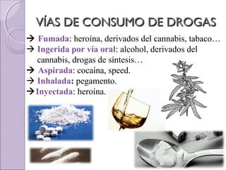 VÍAS DE CONSUMO DE DROGASVÍAS DE CONSUMO DE DROGAS
 Fumada: heroína, derivados del cannabis, tabaco…
 Ingerida por vía oral: alcohol, derivados del
cannabis, drogas de síntesis…
 Aspirada: cocaína, speed.
 Inhalada: pegamento.
Inyectada: heroína.
 