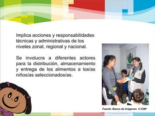  Son minerales esenciales para el crecimiento y desarrollo de los niños.Tamaño de la porción individual: 30 gramos.Corresponde al 90% del total de desayunos por punto de entrega.Fuente: Banco de Imágenes  © ICBF 
